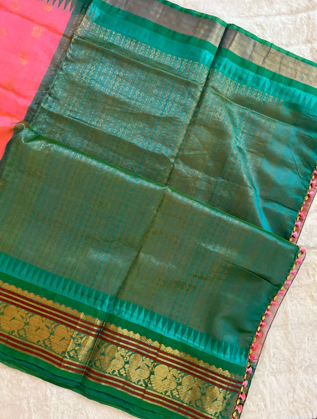 kanjeevaram silk cotton saree green and pink combo