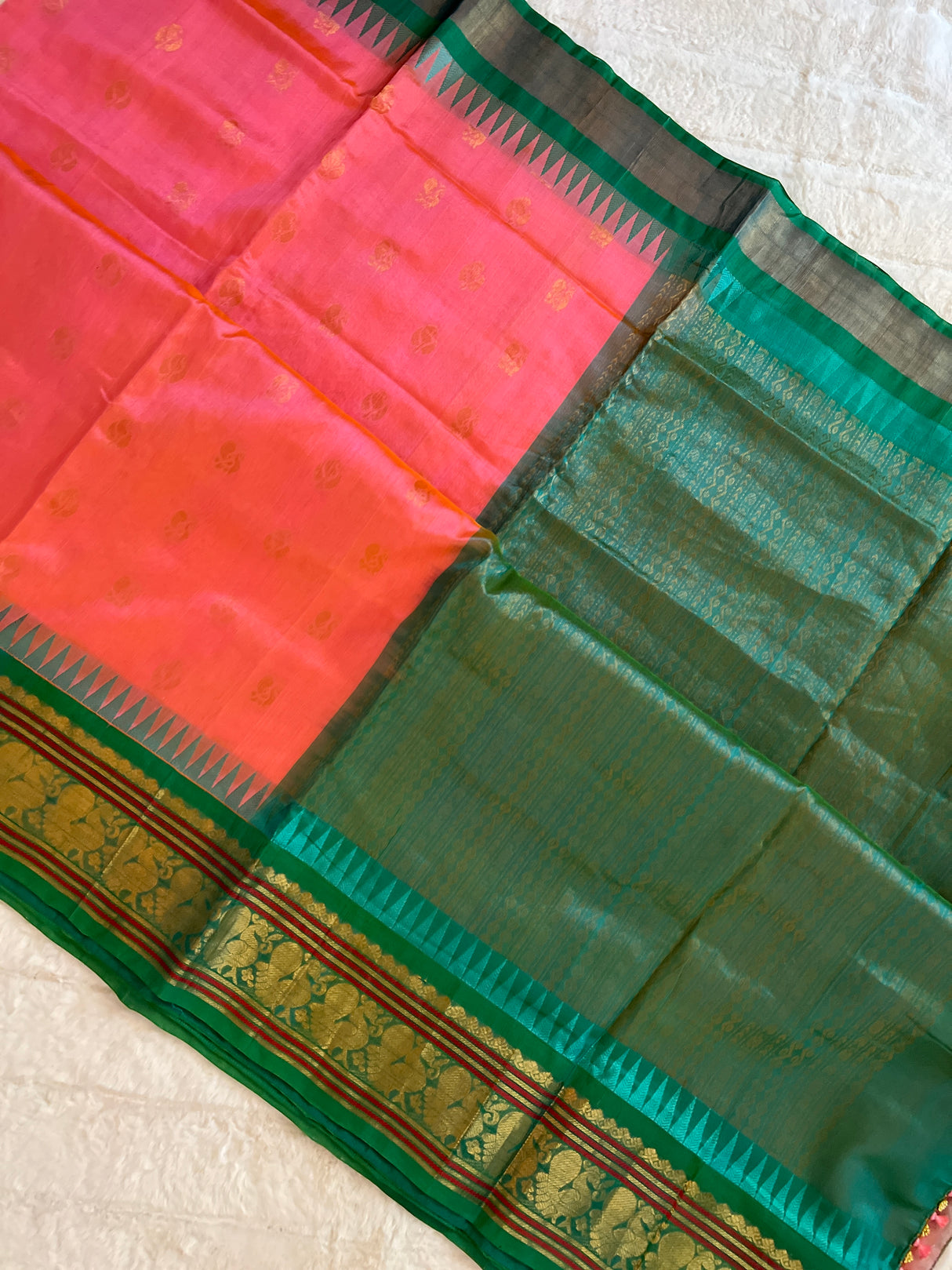 kanjeevaram silk cotton saree green and pink combo