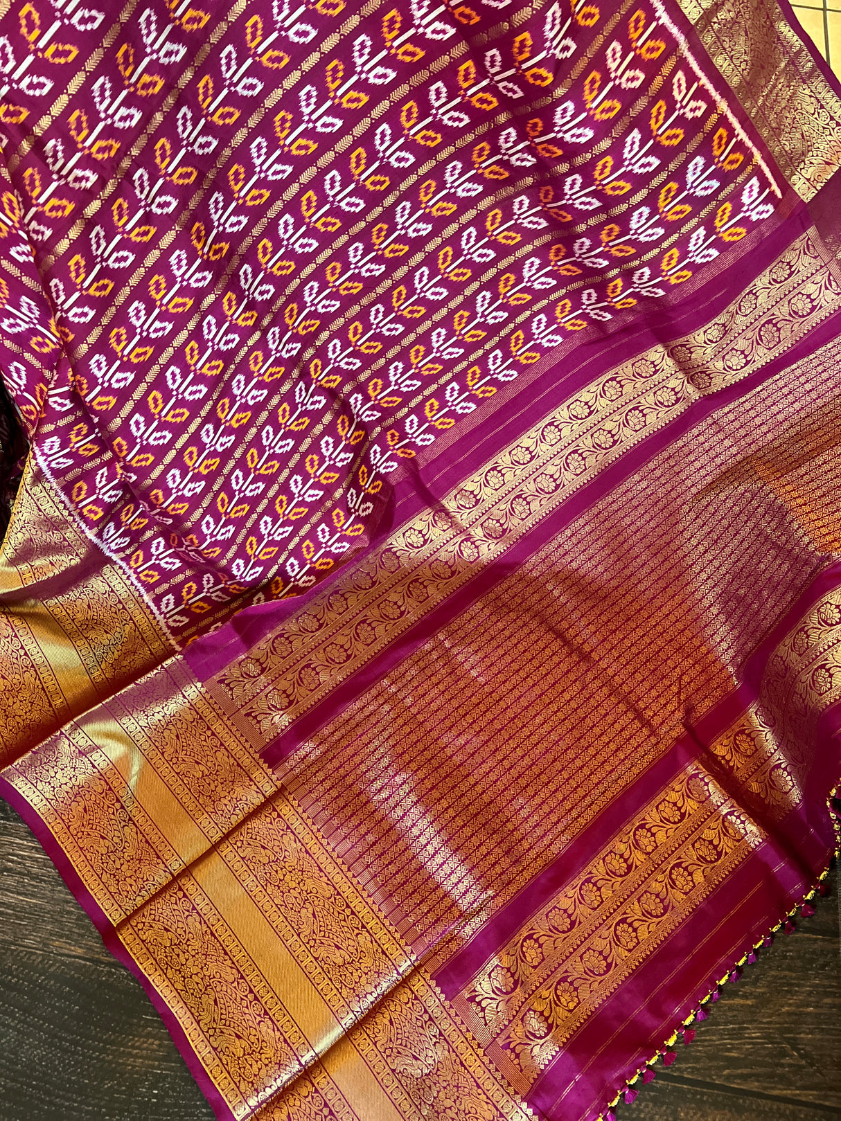  Ikkat Kanchipuram fusion Pure Silk Saree Magenta colour