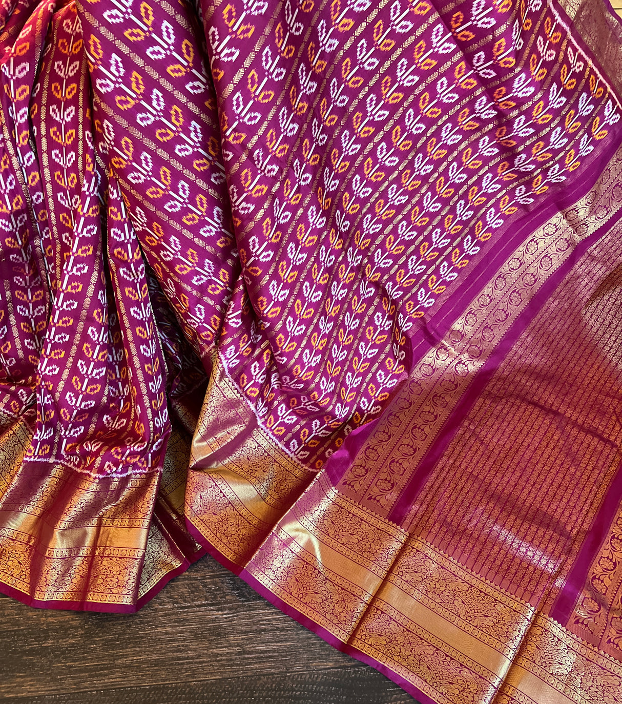  Ikkat Kanchipuram fusion Pure Silk Saree Magenta colour