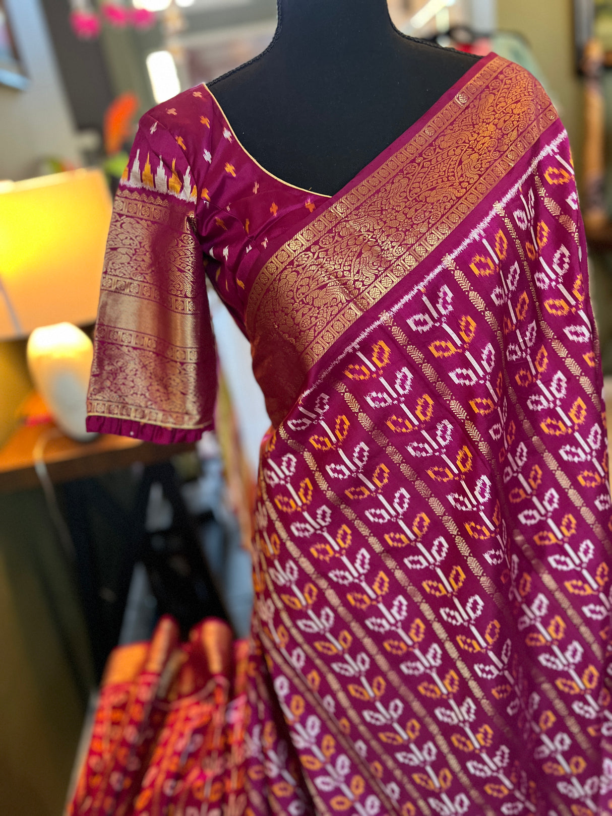  Ikkat Kanchipuram fusion Pure Silk Saree Magenta colour