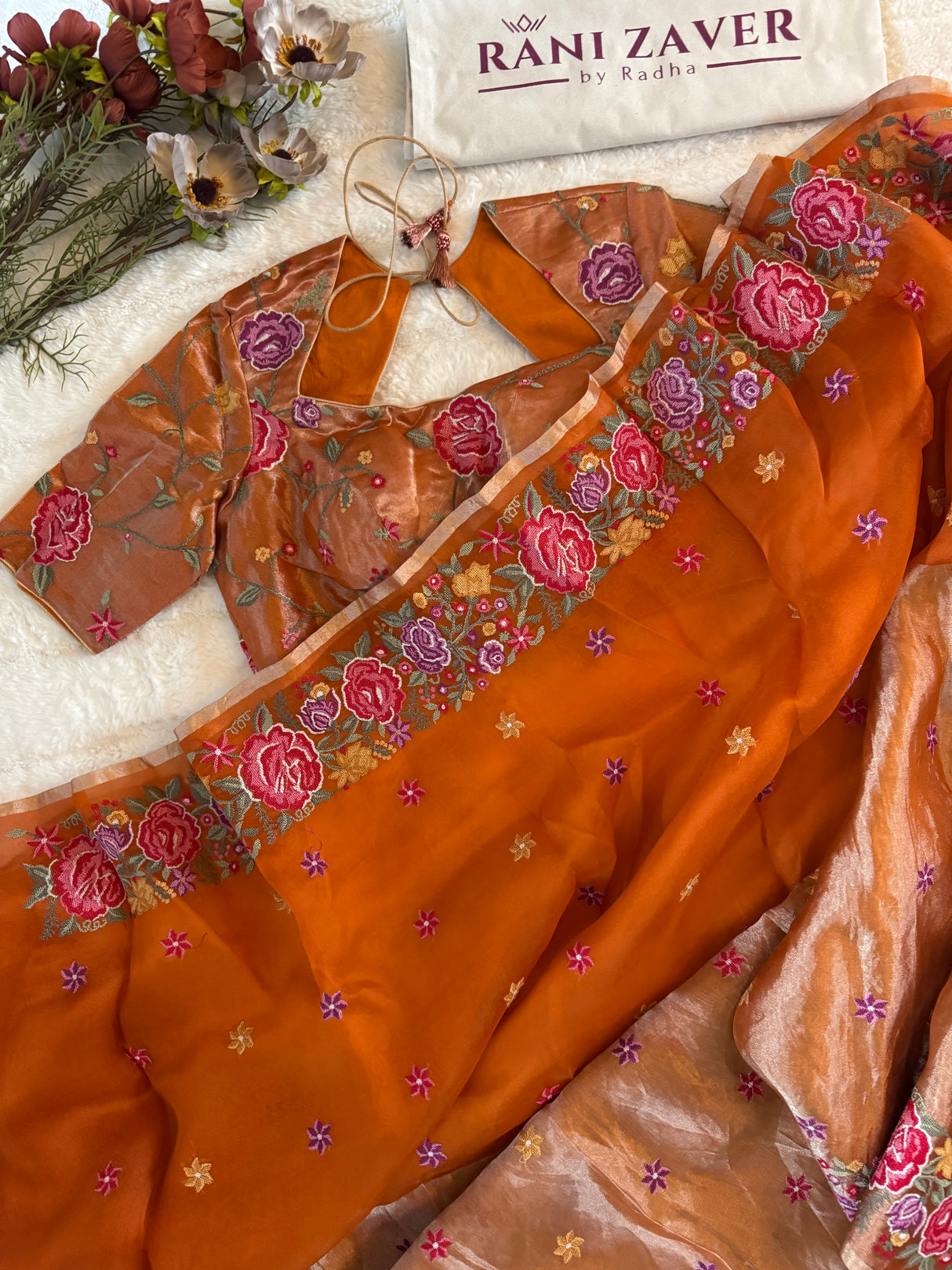 Burnt Orange Kora Tissue embroidered