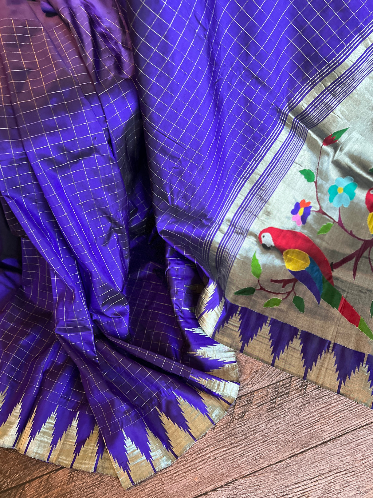 Deep Bluish Purple Mix Yeola Paithani  Handloom Pure Silk Silver ZariAUS