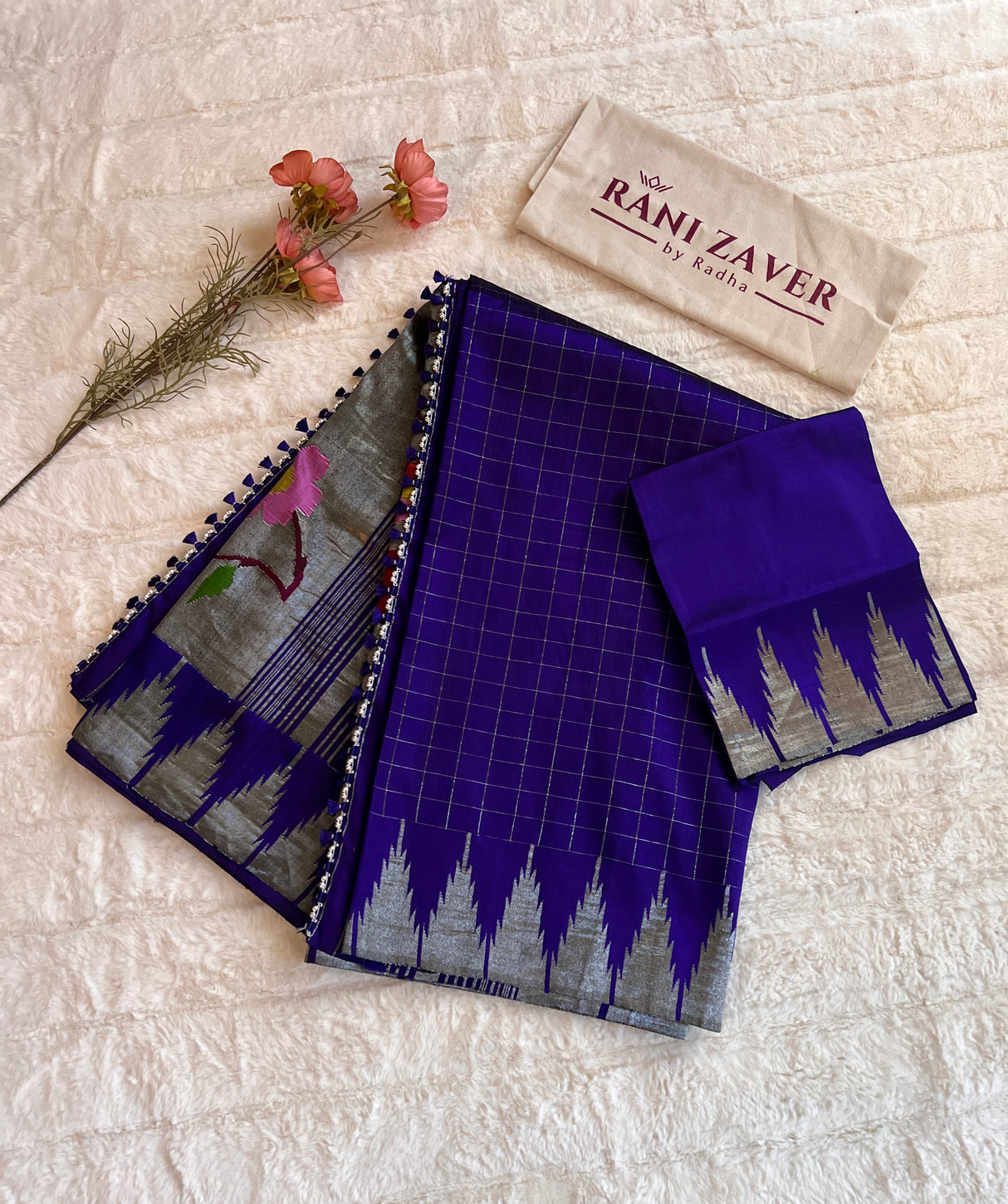 Deep Bluish Purple Mix Yeola Paithani  Handloom Pure Silk Silver ZariAUS