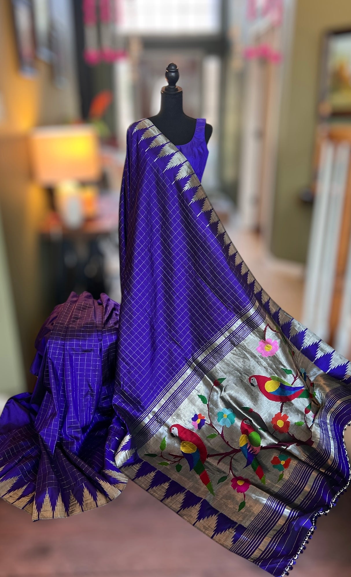 Deep Bluish Purple Mix Yeola Paithani  Handloom Pure Silk Silver ZariAUS