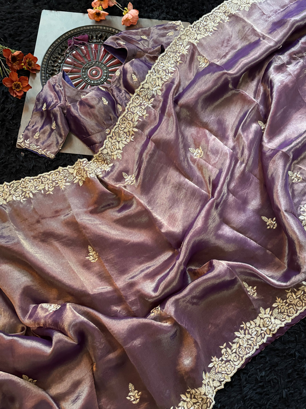 Purple Tissue Pure Organza Designer Saree
