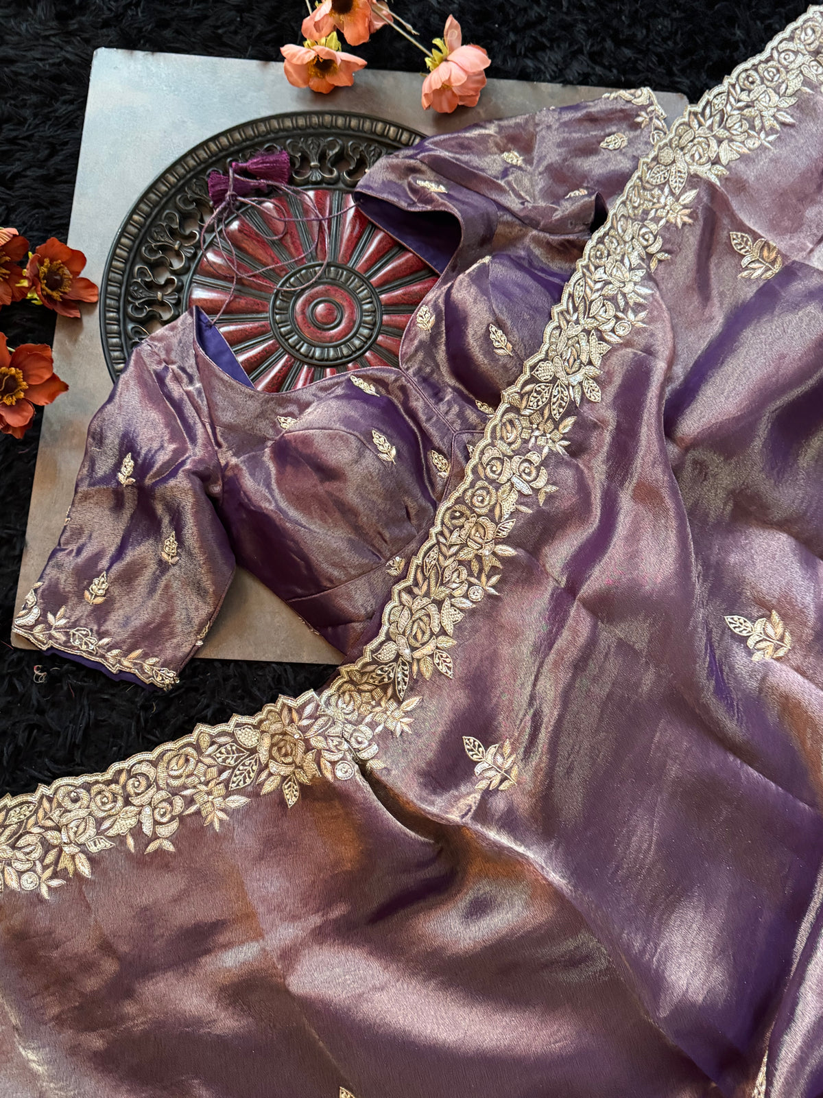 Purple Tissue Pure Organza Designer Saree