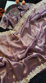 Purple Tissue Pure Organza Designer Saree