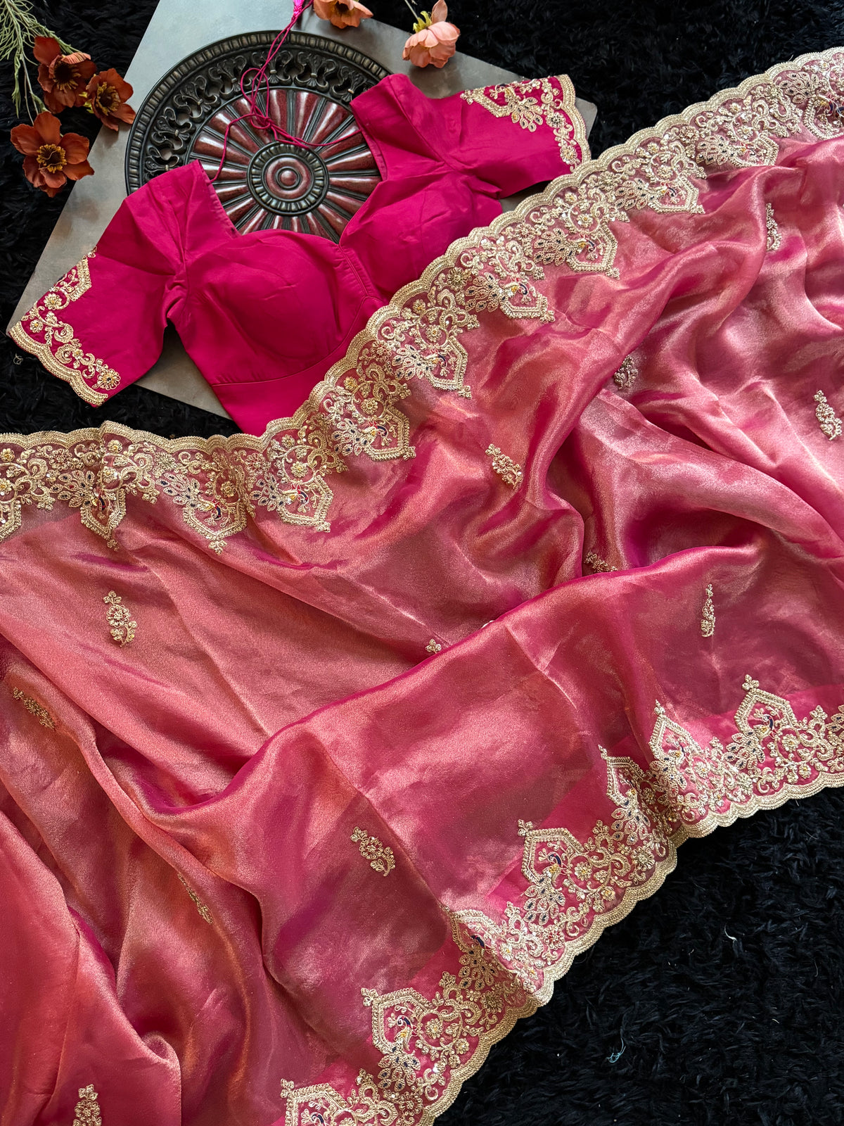 Rani Pink Tissue Pure Organza Designer Saree