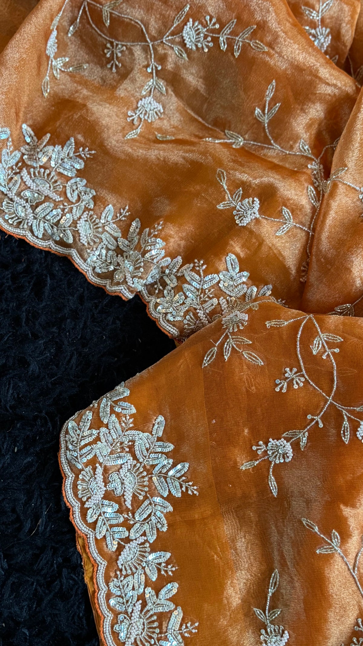 Burnt Orange Rust Tissue Pure Organza Designer Saree