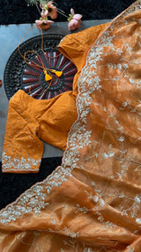 Burnt Orange Rust Tissue Pure Organza Designer Saree