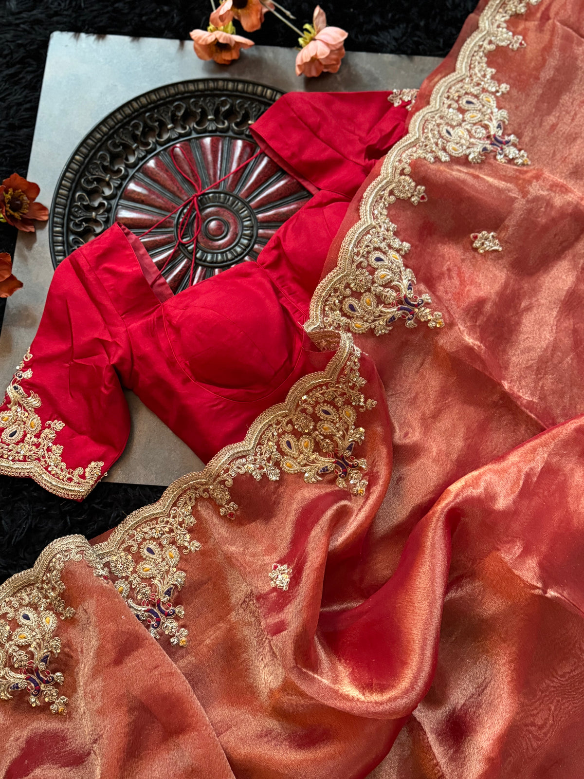 Red Tissue Pure Organza Designer Saree