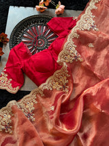 Red Tissue Pure Organza Designer Saree