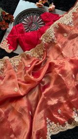 Red Tissue Pure Organza Designer Saree