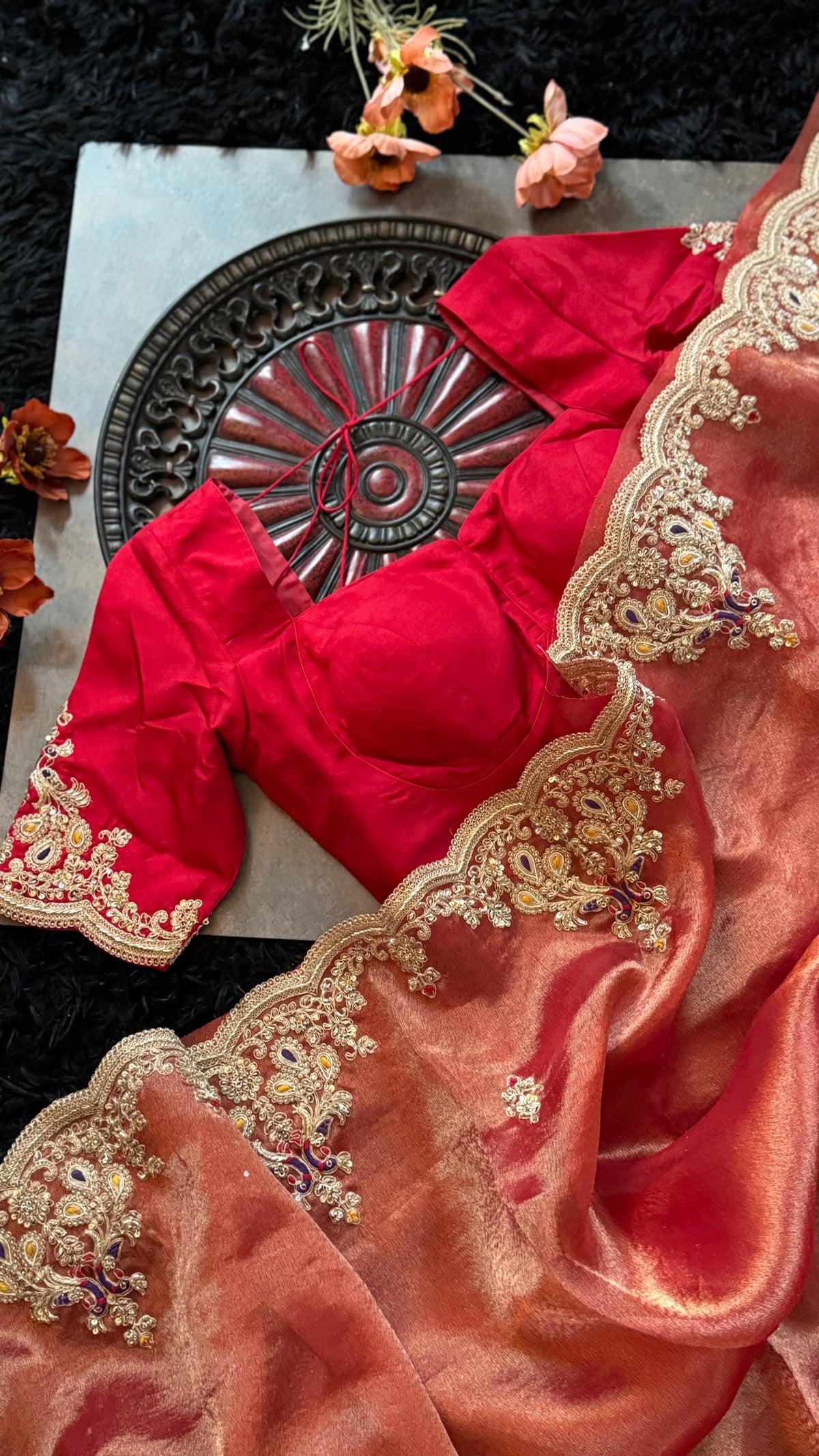 Red Tissue Pure Organza Designer Saree