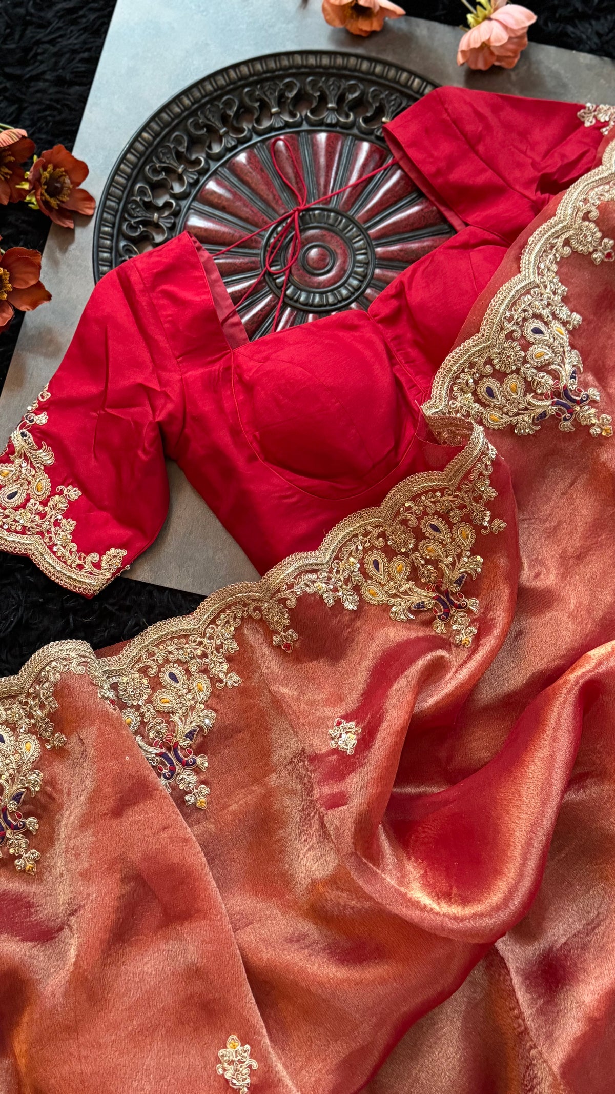 Red Tissue Pure Organza Designer Saree