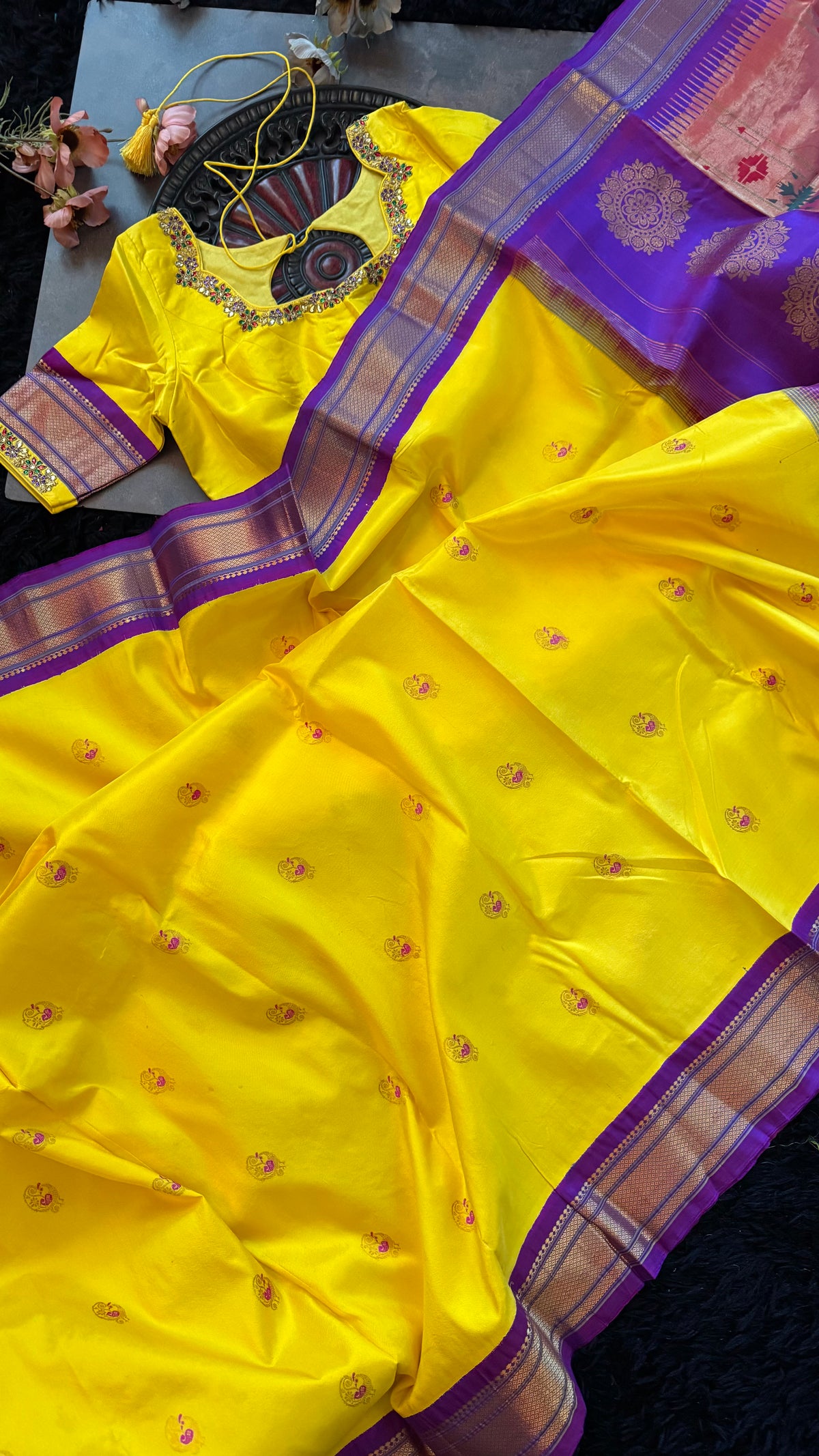 Yellow Purple Maharani Paithani Handloom Pure Silk