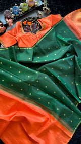 Green Saree Peach Pleats  Kanchipuram pure silk