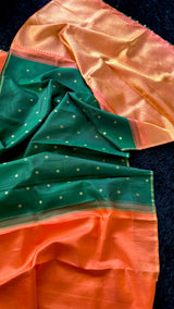 Green Saree Peach Pleats  Kanchipuram pure silk
