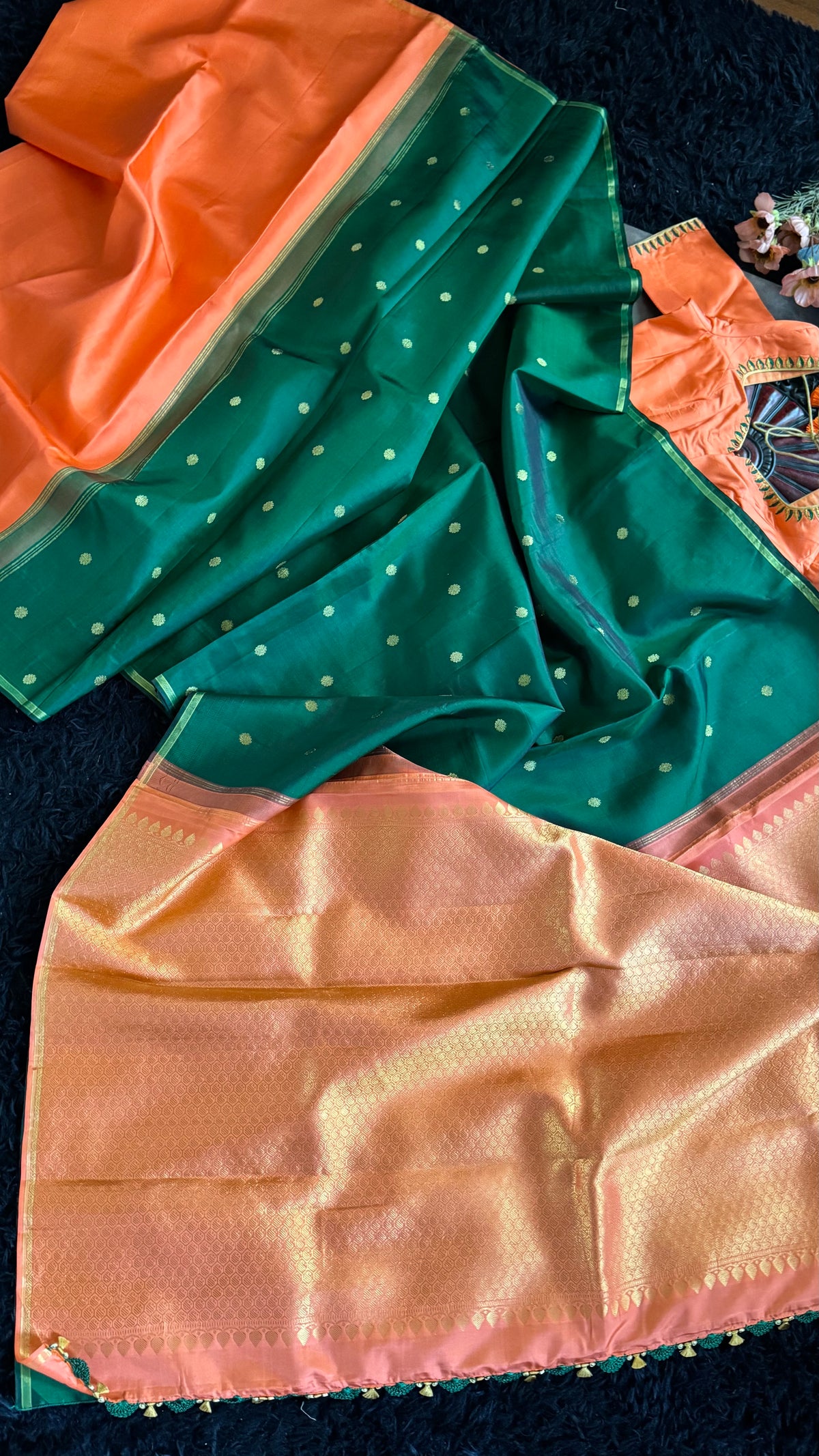 Green Saree Peach Pleats  Kanchipuram pure silk