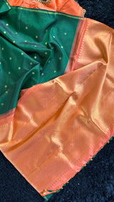 Green Saree Peach Pleats  Kanchipuram pure silk