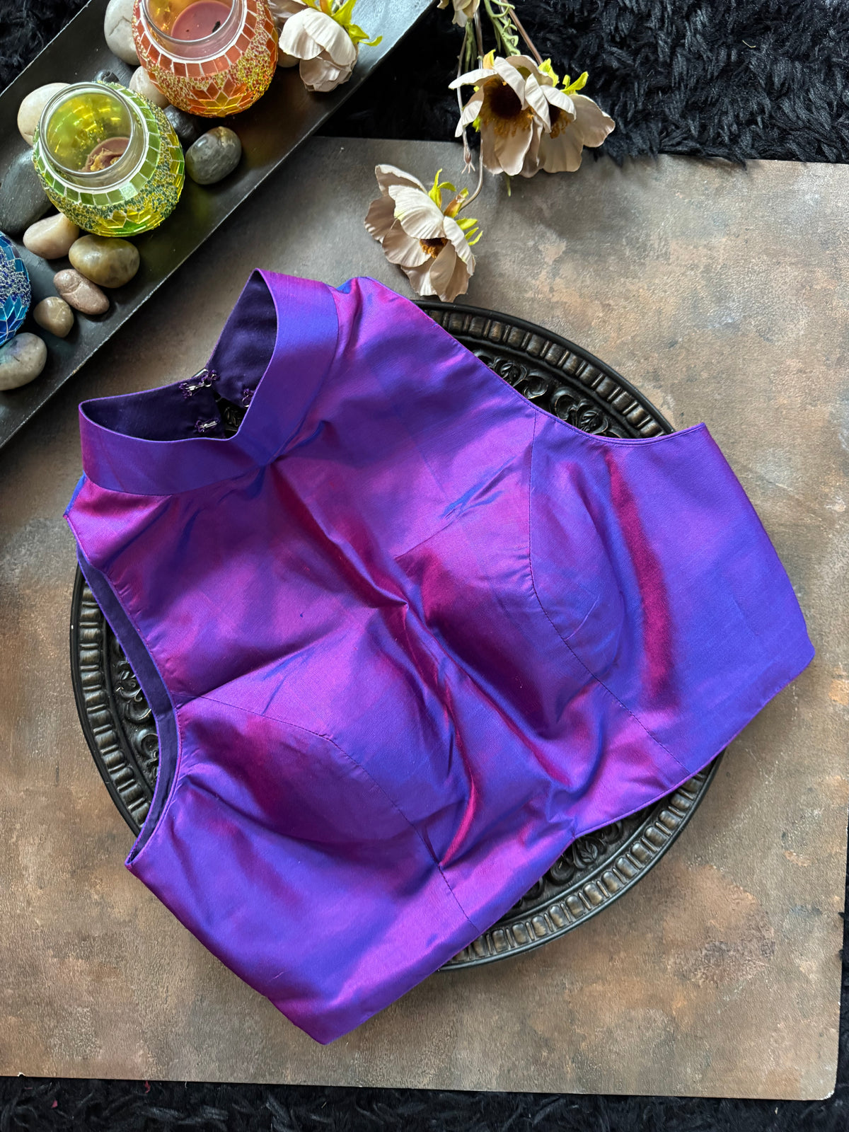 Purple Collar Zero Neck Cut Away Sleeveless Pure Silk Blouse 36