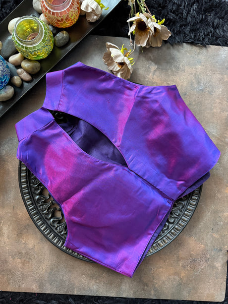 Purple Collar Zero Neck Cut Away Sleeveless Pure Silk Blouse 36