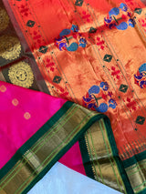 Pink green Kadiyal Maharani Paithani Handloom Pure Silk