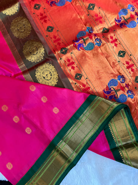 Pink green Kadiyal Maharani Paithani Handloom Pure Silk