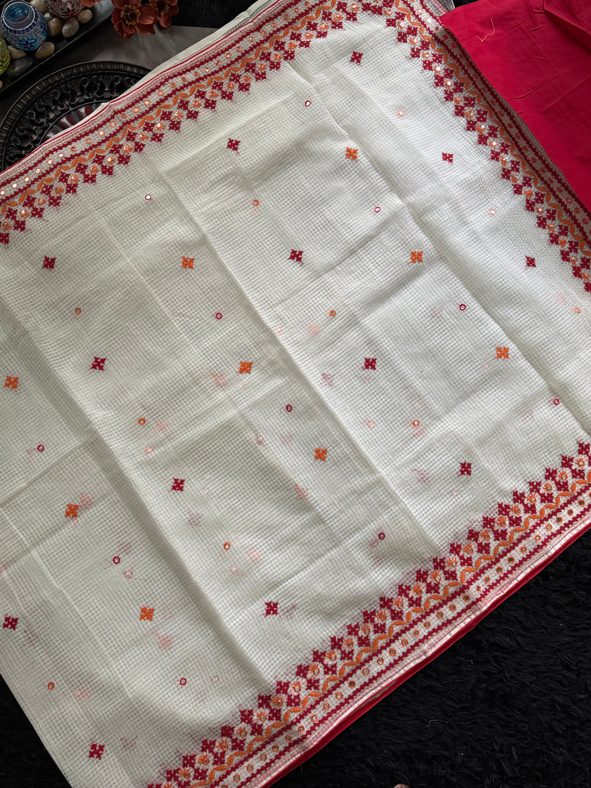White Red Kutch Embroidery Kota