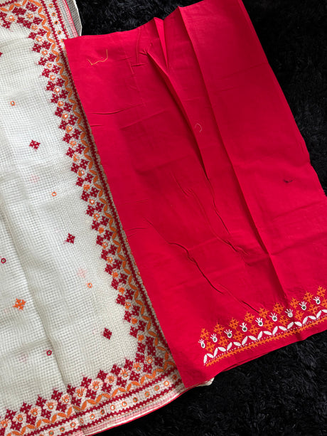 White Red Kutch Embroidery Kota