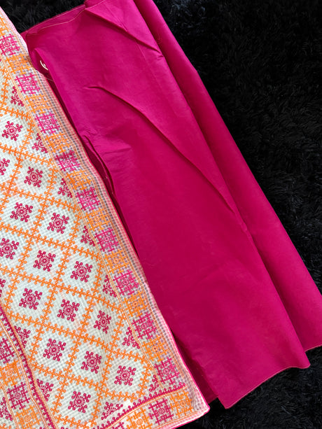 White Orange Multicolor Kutch Embroidery Kota