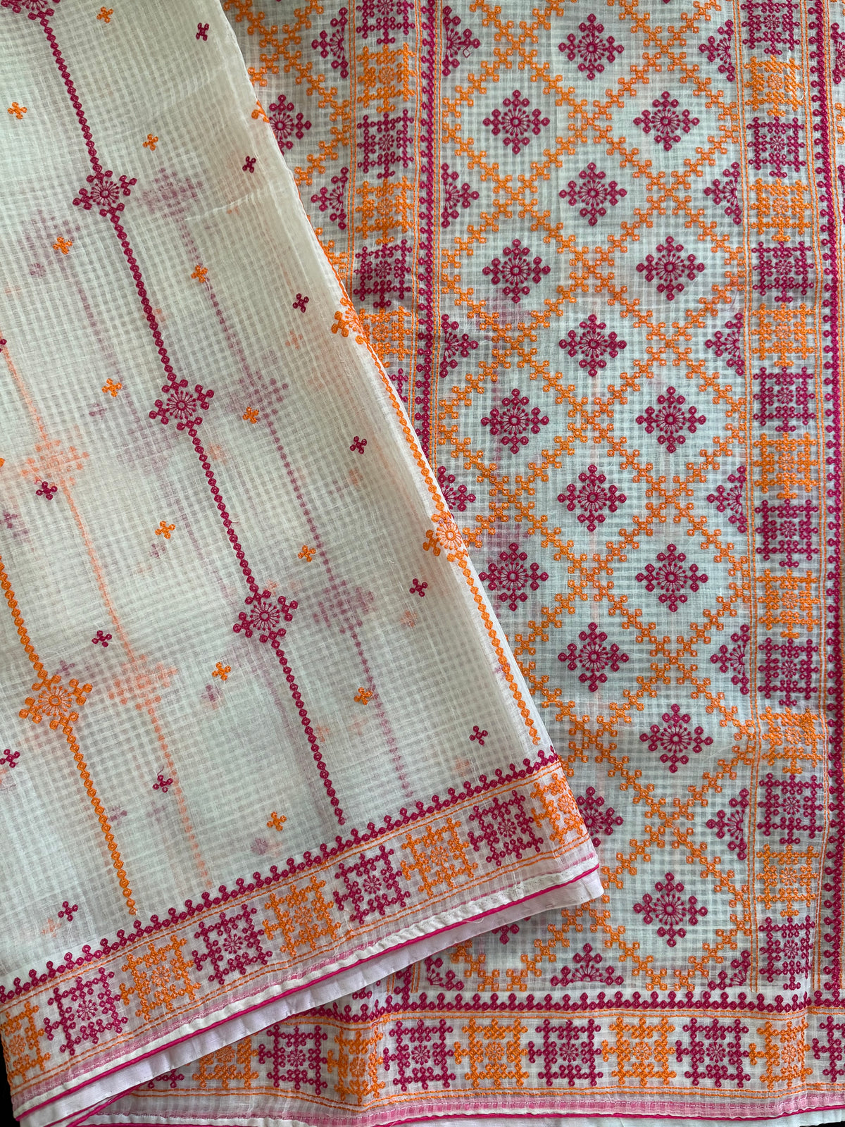 White Orange Multicolor Kutch Embroidery Kota