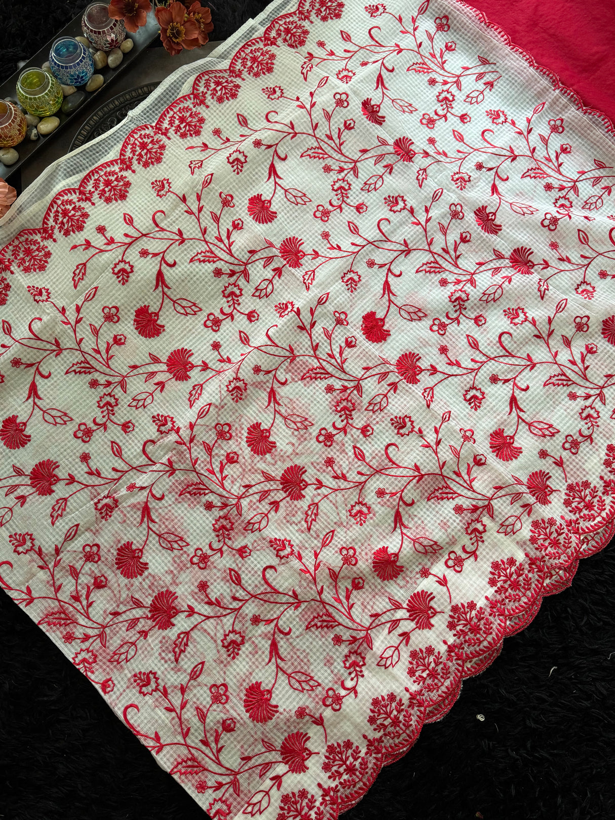 White Red Embroidered Kota
