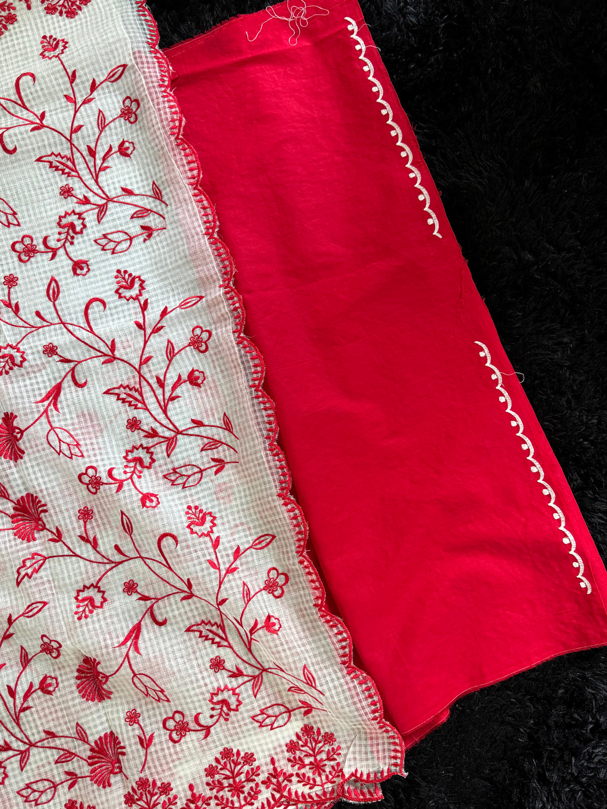 White Red Embroidered Kota