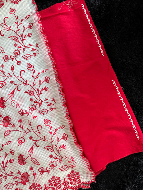White Red Embroidered Kota