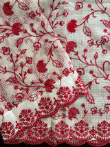 White Red Embroidered Kota