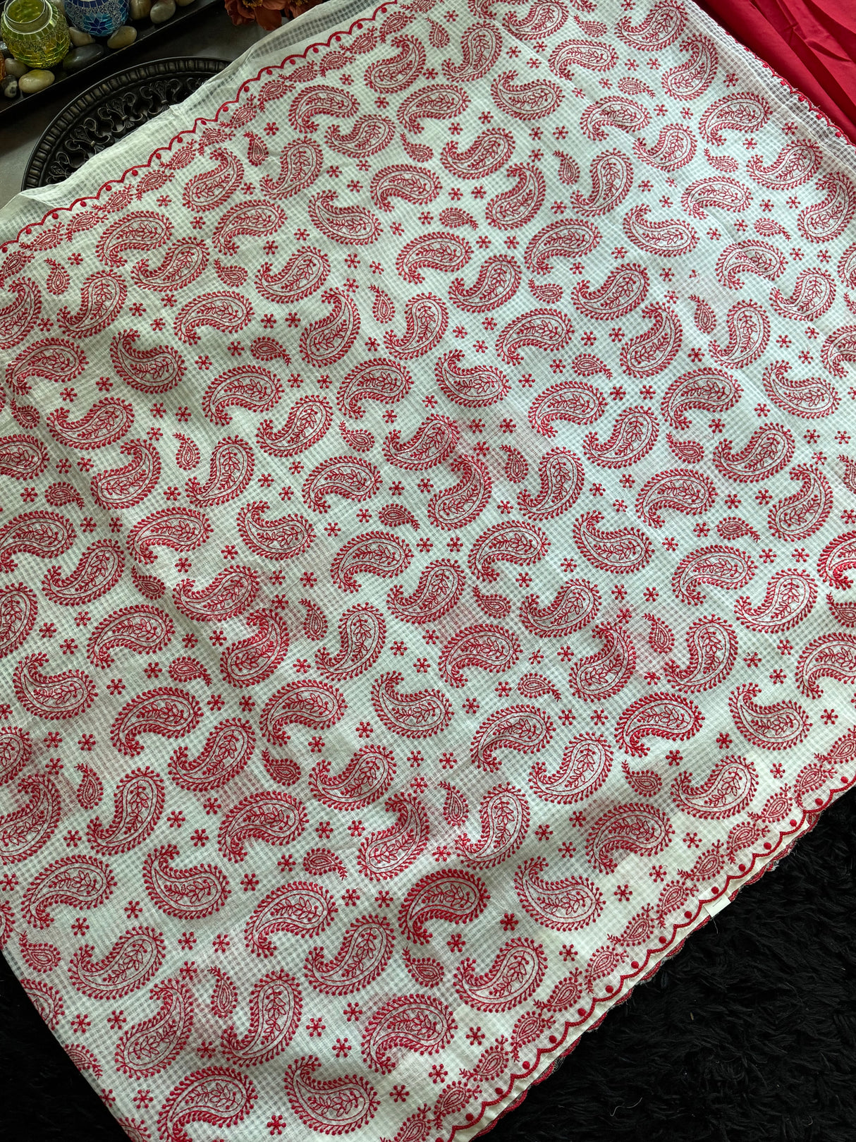 White Red Mango Paisley Embroidered Kota