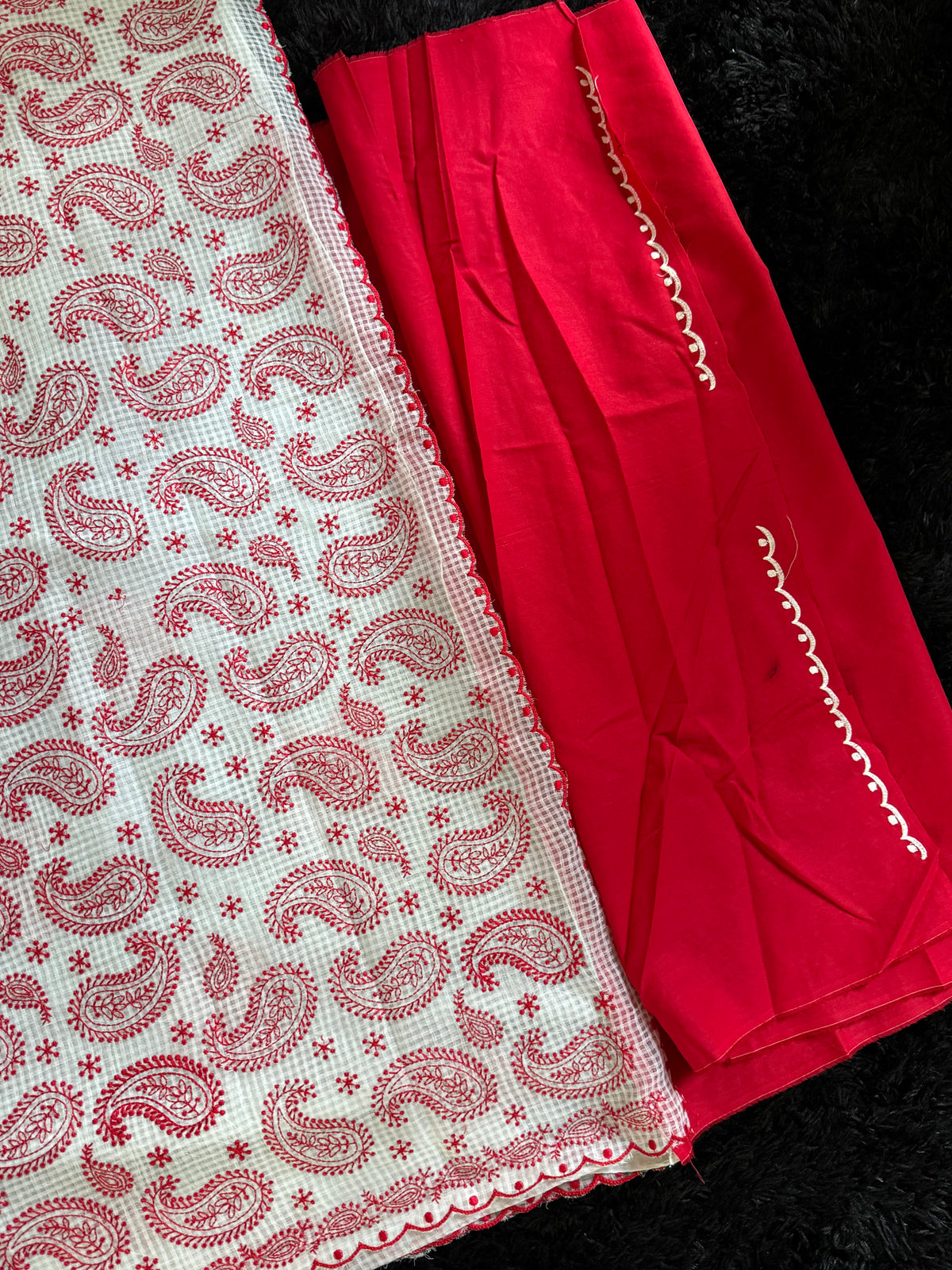 White Red Mango Paisley Embroidered Kota