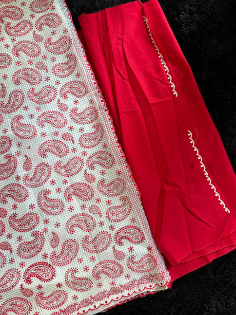 White Red Mango Paisley Embroidered Kota