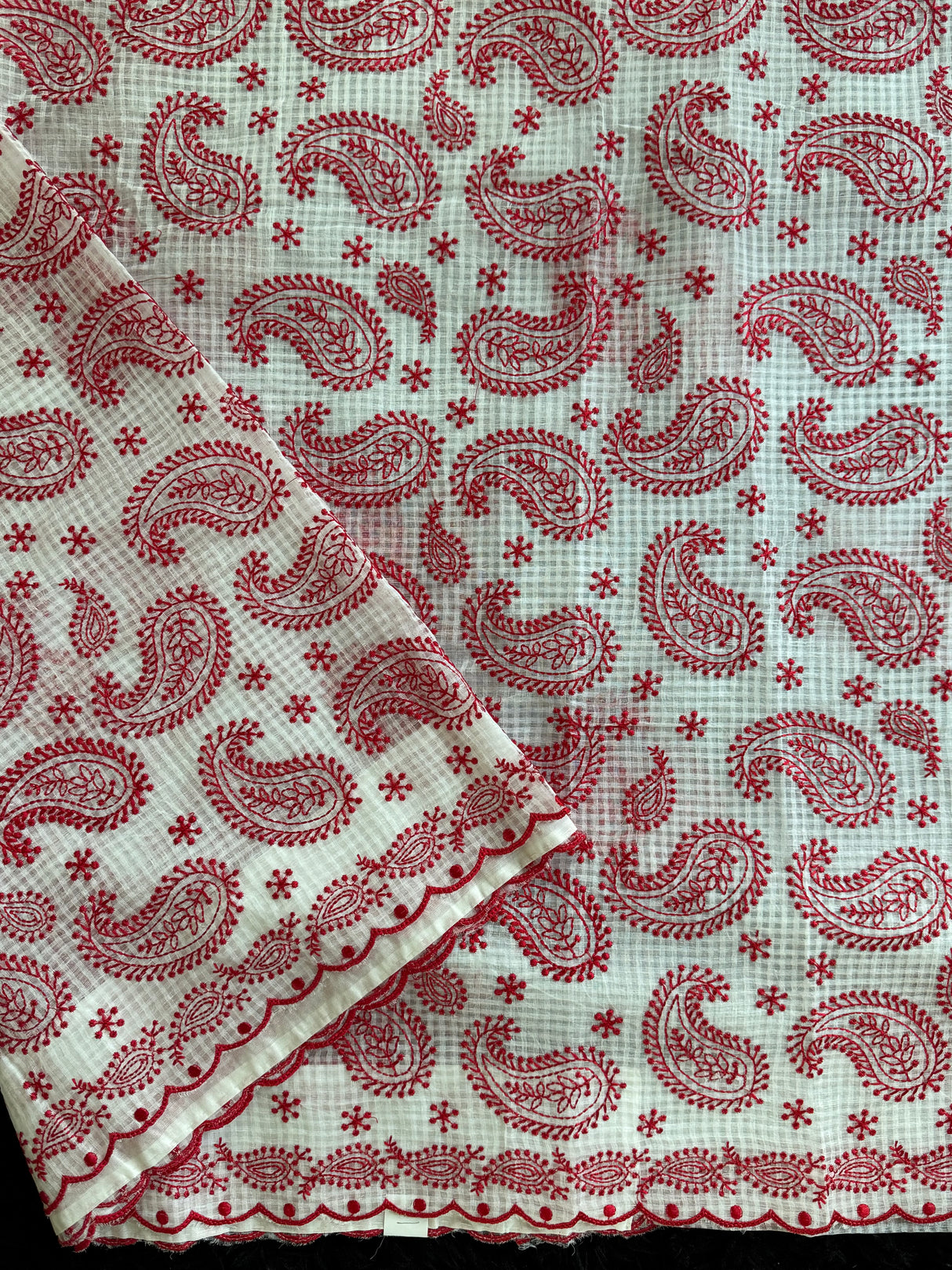 White Red Mango Paisley Embroidered Kota