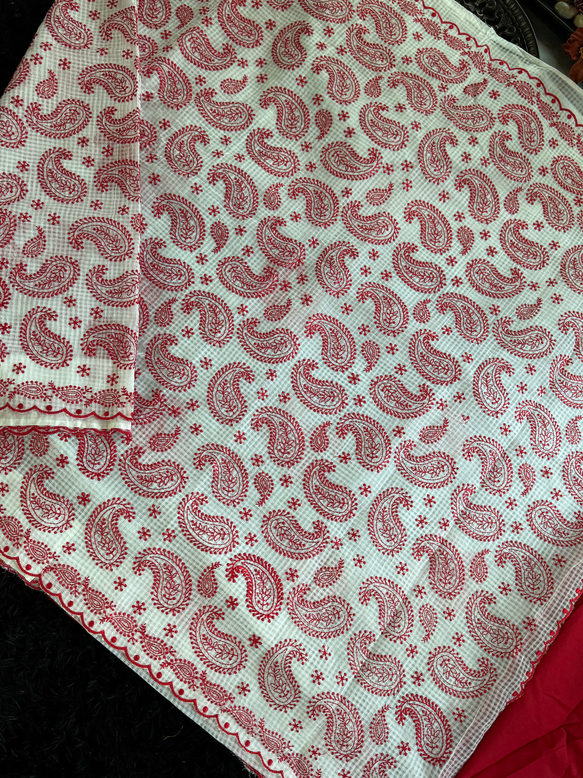 White Red Mango Paisley Embroidered Kota