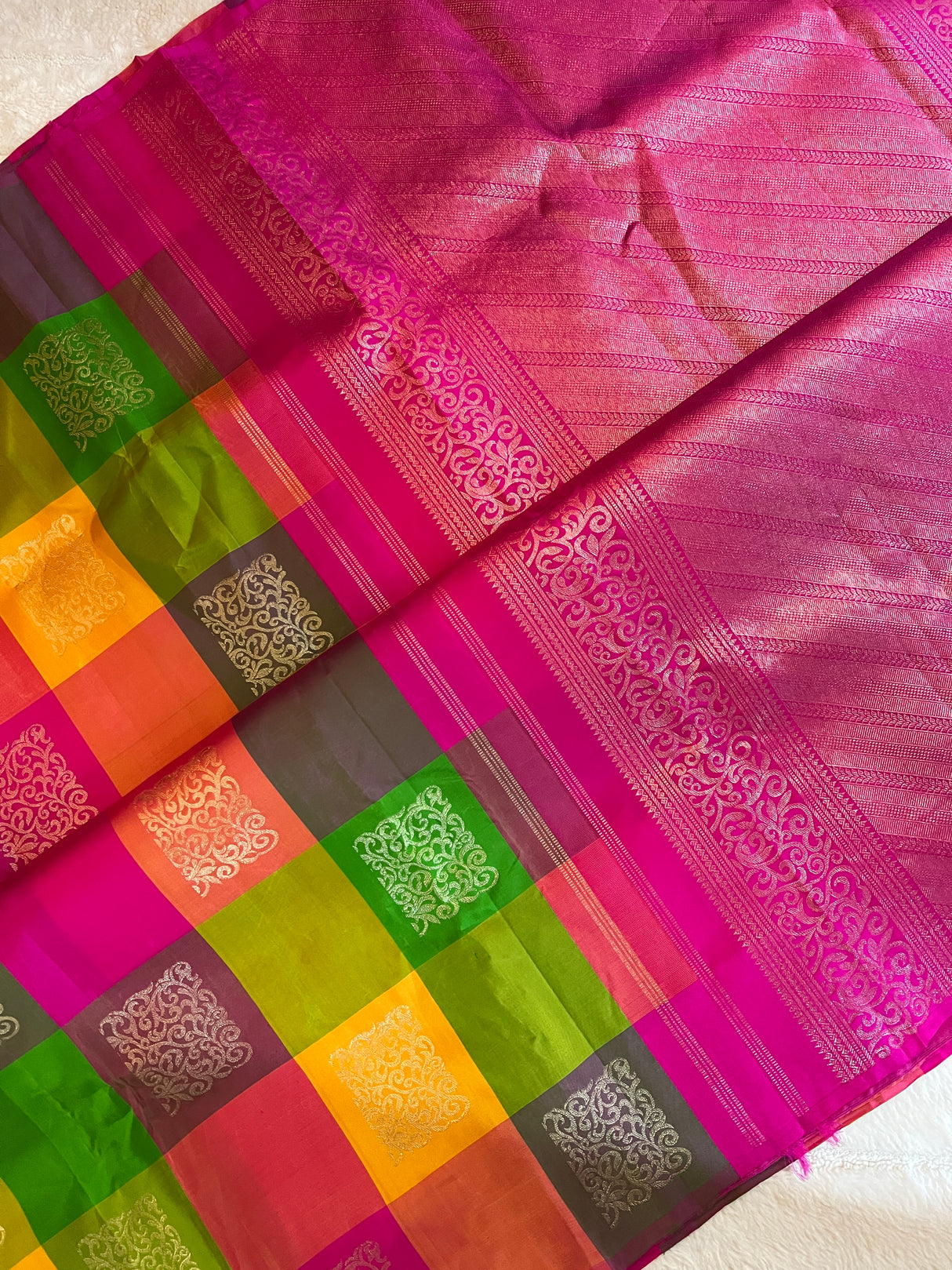 Multi Colored Checks Kanchipuram Pure Silk korvai Saree