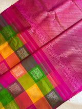 Multi Colored Checks Kanchipuram Pure Silk korvai Saree