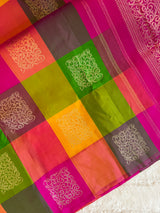 Multi Colored Checks Kanchipuram Pure Silk korvai Saree