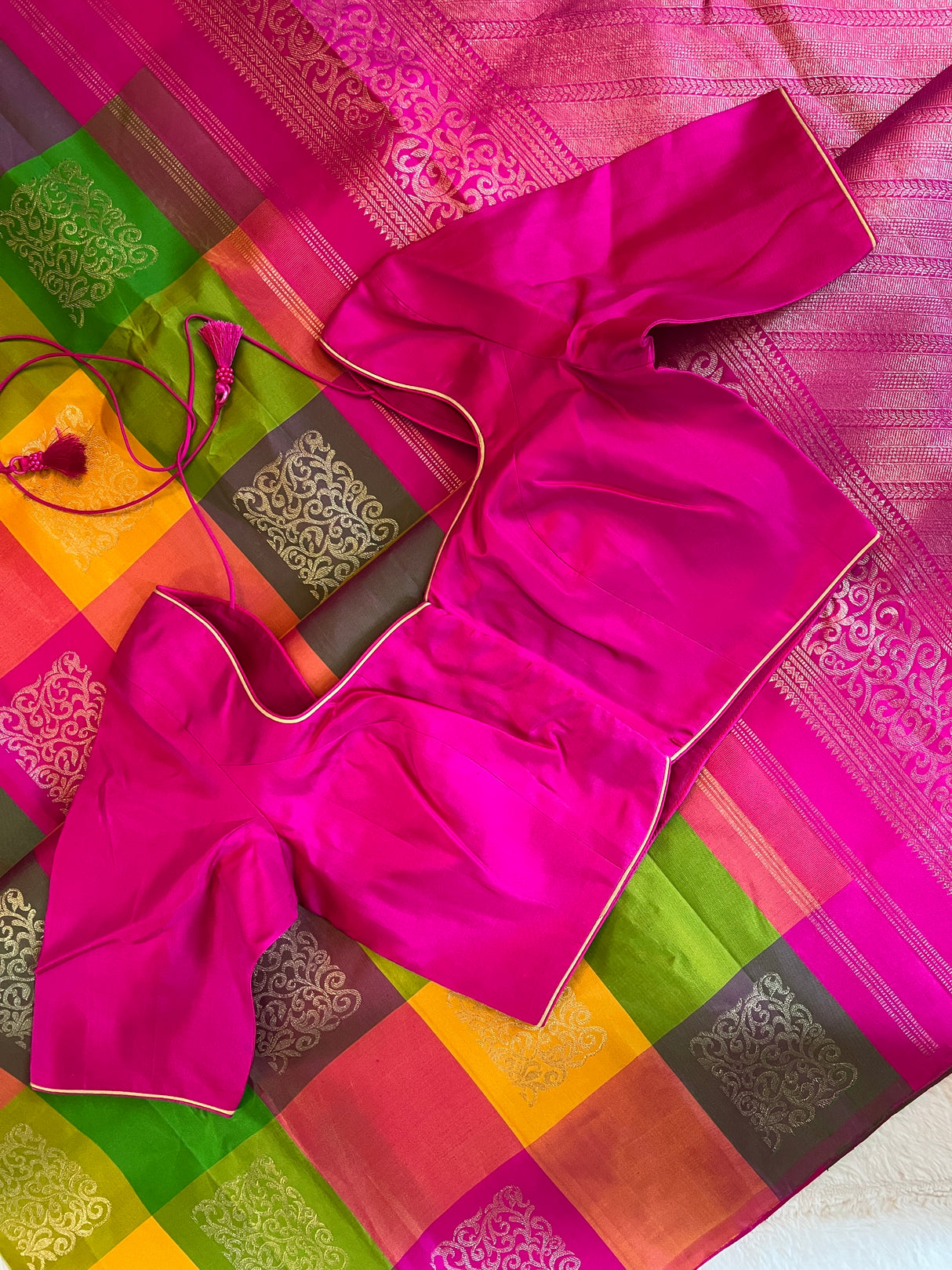 Multi Colored Checks Kanchipuram Pure Silk korvai Saree
