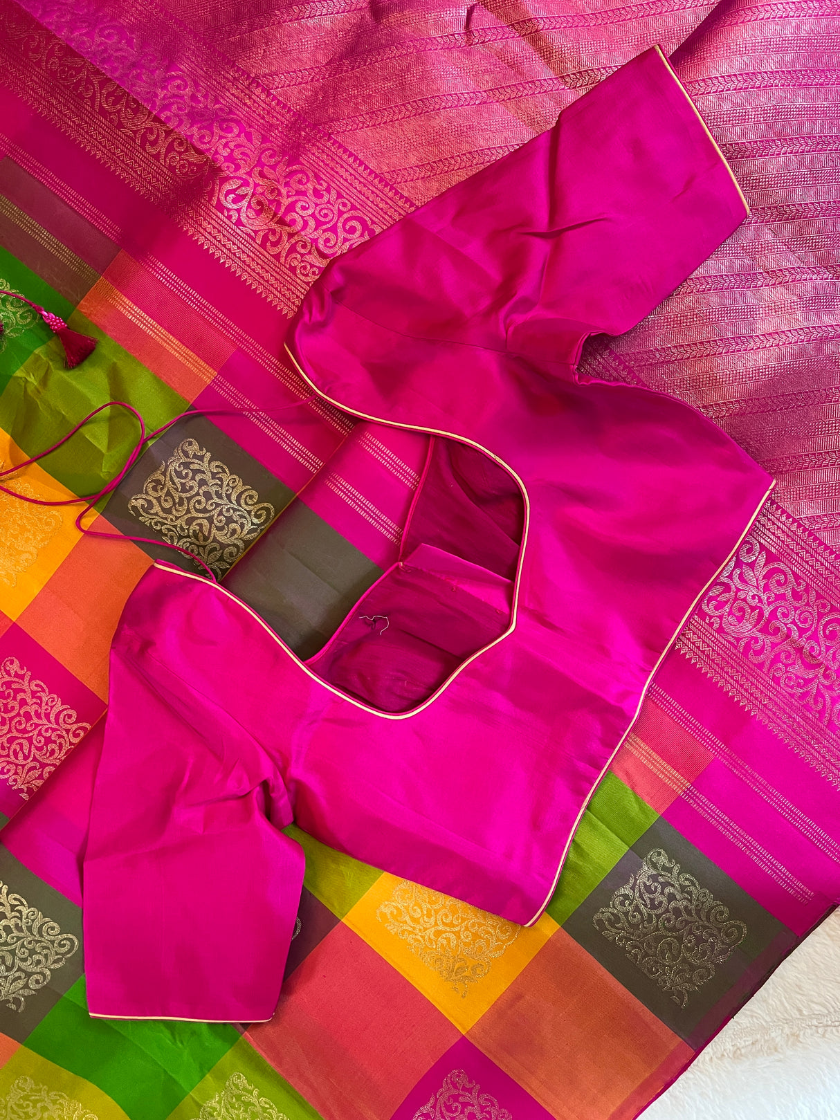Multi Colored Checks Kanchipuram Pure Silk korvai Saree