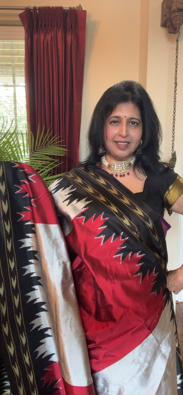 Silver Maroon Large Squares Single Ikkat Handloom Pure Silk