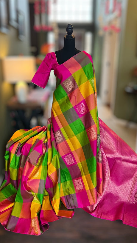Multi Colored Checks Kanchipuram Pure Silk korvai Saree