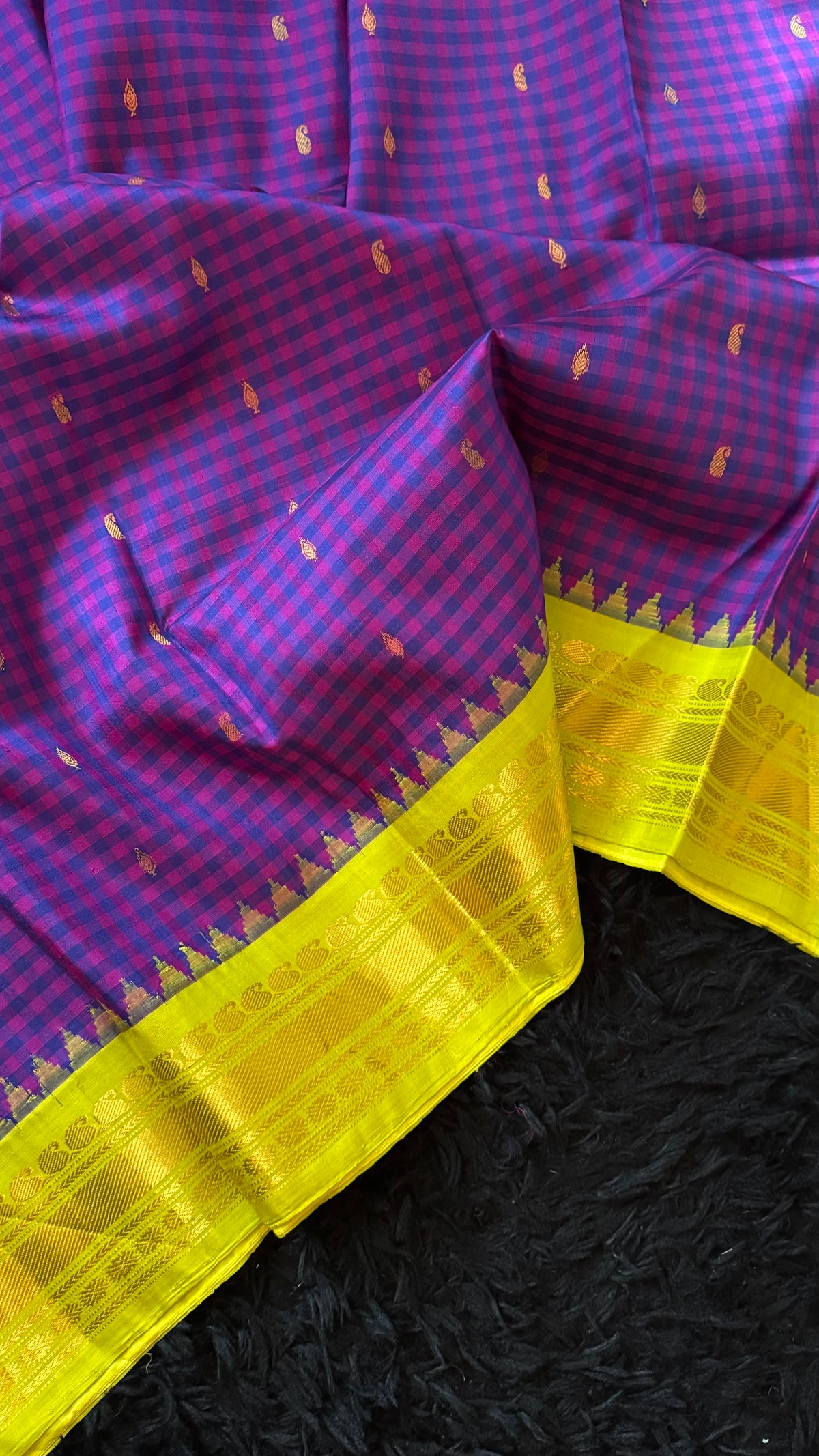 Purple Checks Chartreuse Gadwal Handloom Pure Silk
